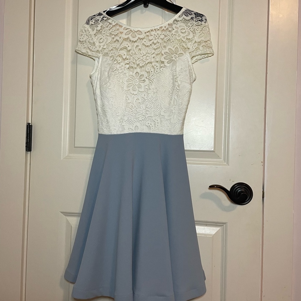 White lace open back dress with blue skirt!